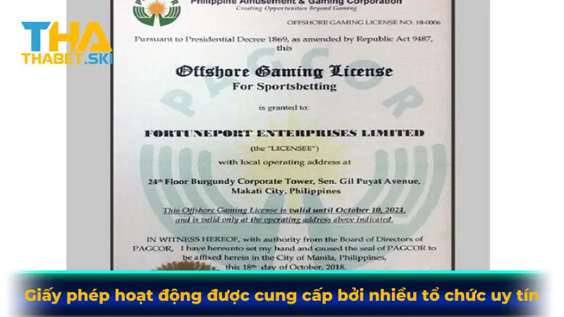 Giấy phép hoạt động được cung cấp bởi nhiều tổ chức uy tín Giấy phép hoạt động được cung cấp bởi nhiều tổ chức uy tín